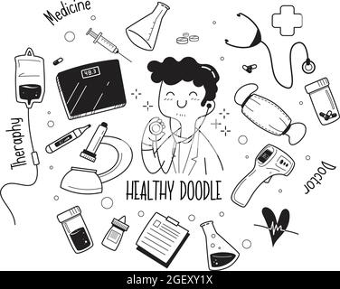Hand drawn medicine icon set. Medical sketched collection. Healthcare, pharmacy doodle icons. Vector illustrations. Stock Vector