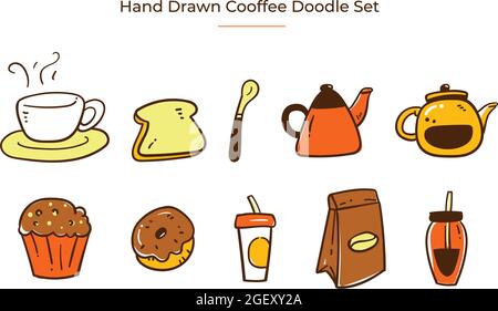 Hand-drawn colorful coffee shop doodle set Stock Vector