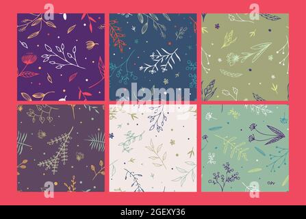 Seamless hand-drawn pastel color floral pattern set Stock Vector