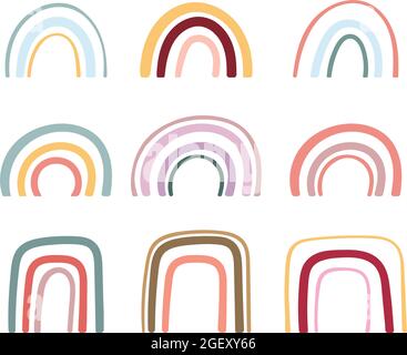 Set of 9 hand drawn colorful rainbow. Plain colorful rainbow. Cartoon rainbow doodle, graphic isolated collection. Stock Vector