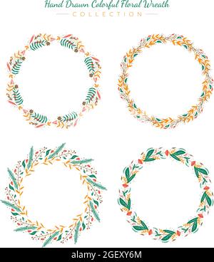 Set of colorful hand drawn colorful flower wreath collection vector premium illustration template Stock Vector