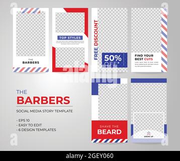 Barbers social media story template 6 in 1 set. Stock Vector