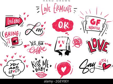 Set of hand drawn love element clipart vector illustration. Love lettering typography with illustration in vector. Stock Vector