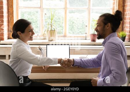 Sales manager and client accomplish meeting shake hands express gratitude Stock Photo