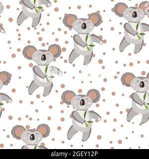 Seamless pattern with cute koala baby and hearts on white polka dots background. Funny australian animals. Card, postcards for kids. Flat vector Stock Vector