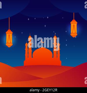 Ramadan kareem mosque on desert vector and hanging lantern with gradient effect Stock Vector