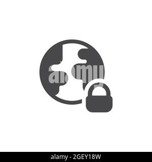 Planet Earth with padlock black vector icon. Globe, safe and secure concept symbol. Stock Vector