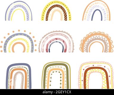 Set of 9 hand drawn colorful rainbow. Cute decorative element. Cartoon rainbow doodle, graphic colorful collection. Stock Vector