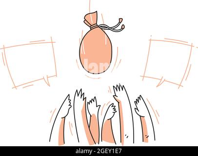 Group of hands waiting for dropping pouch surrounded by fill-able text balloons. Simple minimalist vector illustration. Stock Vector