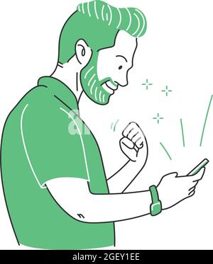 Adult holding cellphone looking for information on the internet. Male People clenching fist while holding smart-phone. Stock Vector