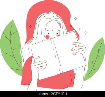 Woman peeks from behind opened book in front of green leaves showing half of her face. Hand drawn style vector design illustrations. Stock Vector