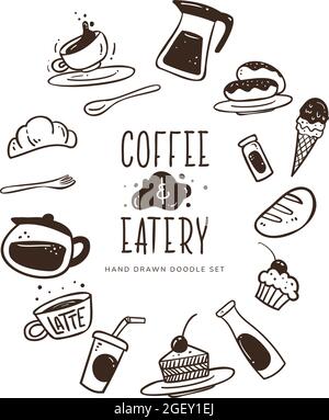 Hand-drawn coffee and eatery doodle set. Stock Vector