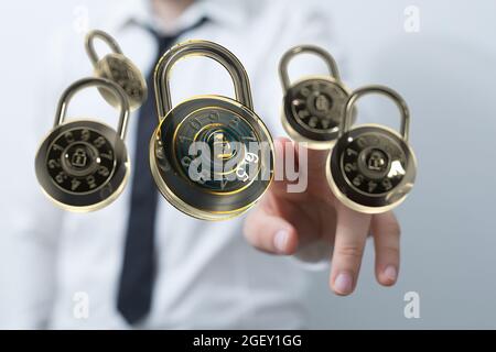 A finger touching an illustration of personal data security concept Stock Photo