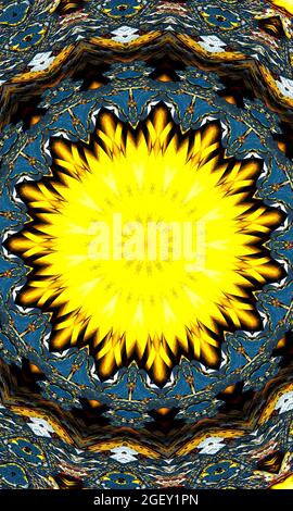 Sulphur yellow kaleidoscope. Seamless background from natural sulphur mineral. Hell pentagram Vertical image. Stock Photo