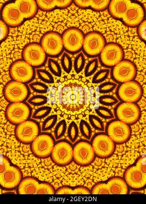 Sun flower kaleidoscope background. Beautiful yellow sunflowers seamless pattern. Unique kaleidoscope mosaic texture. Summer time flowers theme Vertic Stock Photo