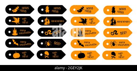 Halloween tag set. Vector Halloween tags with silhouette illustrations in orange and black colors isolated on white. Graphic label cartoon collection Stock Vector