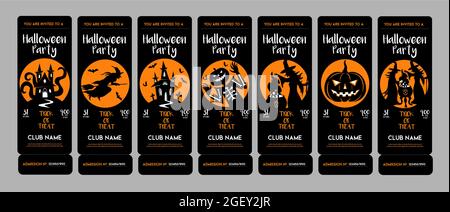 Halloween invitation tickets set. Vector ticket design template for halloween party. Club invitation, invite, flyer, poster at black and orange colors Stock Vector