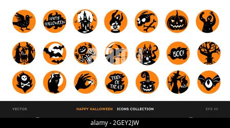 Set of vector Halloween icons. Black silhouettes of illustrations of Halloween design in orange circles. Spooky funny cartoon vector with witches, hau Stock Vector