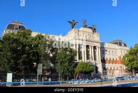 Facade of the 19th century Ministry of Agriculture building designed by architect Ricardo Velázquez Bosco in Madrid Spain in low afternoon sun Stock Photo