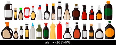 Illustration on theme big kit varied glass bottles filled liquid sauce unagi. Bottles consisting from unagi sauce, empty labels for titles. Sauce unag Stock Vector