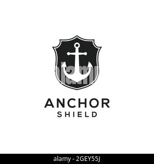 ANCHOR WITH SHIELD BADGE BLACK AND WHITE COLOR MODERN MINIMALIST VECTOR FOR BUSINESS OR FINANCIAL COMPANY Stock Vector