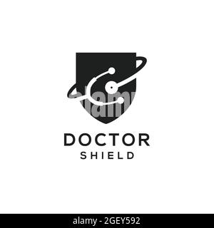 STETHOSCOPE LOGO. DOCTOR LOGO. SHIELD BADGE WITH DOCTOR STETHOSCOPE MODERN MINIMALIST LOGO DESIGN FOR HOSPITAL MEDICAL HEALTH Stock Vector