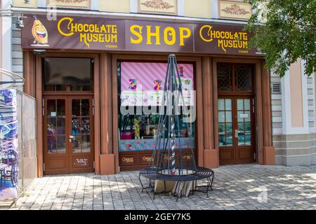 Vienna, Austria, July 25, 2021. The Chocolate Museum. The Prater is a large green expanse within the city of Vienna. It brings together the Big Wheel, Stock Photo