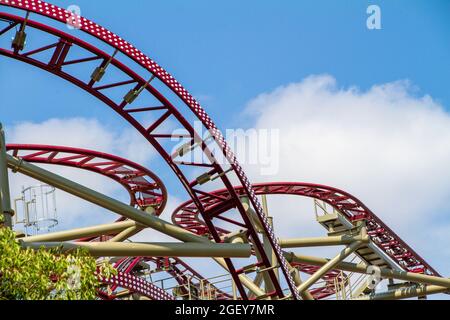 Vienna, Austria, July 25, 2021. Rails of a roller coaster,. The Prater is a large green expanse within the city of Vienna. It brings together the Big Stock Photo