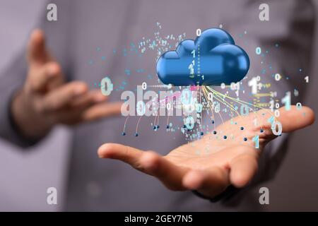 A digital concept of cloud computing and big data with binary code on a hand Stock Photo