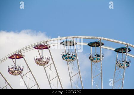 Vienna, Austria, July 25, 2021. The Prater, Amusement park, funfair, cabins of a ferris wheel. The Prater is a large green expanse within the city of Stock Photo