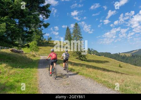 nice and remained young grandmother and her grandson riding their electrc mountain bikes in the Allgaeu Alps near Oberstaufen in Bavaria, Germany Stock Photo