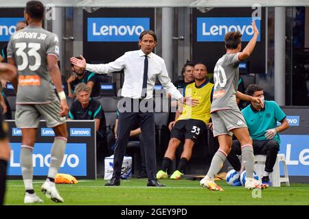 Milano, Italy. 21st Aug, 2021. Manager Simone Inzaghi of Inter Milan seen during the Serie A match between Inter and Genoa at Giuseppe Meazza in Milano. (Photo Credit: Gonzales Photo/Alamy Live News Stock Photo