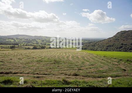 View across fields toward Sutton Common from near Tegg's Nose Macclesfield Cheshire England. Stock Photo