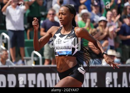 Dalilah Muhammad (USA) wins the women's 400m hurdles in 52.77 during the 46th Prefontaine Classic, Saturday, Aug 21, 2021, in Eugene, Ore. Stock Photo