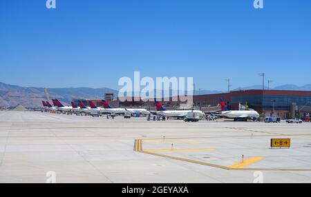 SALT LAKE CITY, UT -12 JUN 2021- View of airplanes from Delta Airlines (DL) at the Salt Lake City International Airport (SLC), a hub for Delta located Stock Photo