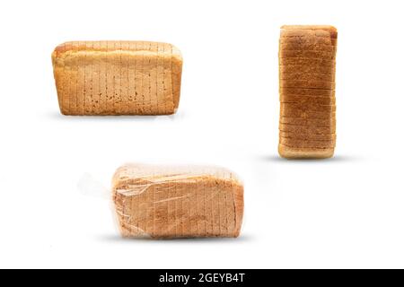 Three loaf of delicious sliced white bread, taken from different angles. isolate on a white background. slices of toast. Stock Photo