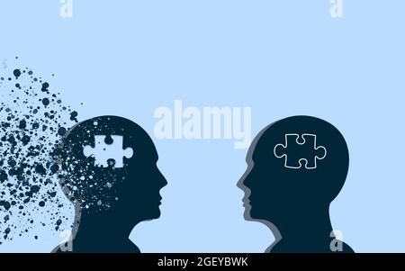 One Human head give a piece of puzzle to another human brain. donor and receiver Concept creative idea. Two Persons Exchanging a piece of jigsaws puzz Stock Photo
