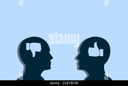 i like you or i dislike you. Two human Head face to face with symbols of like and dislikes in their heads. one like other, but other not! concept Idea Stock Photo