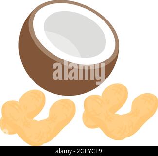 Nut icon isometric vector. Fresh half coconut and unpeeled peanut. Vegetarian nutrition, healthy eating Stock Vector