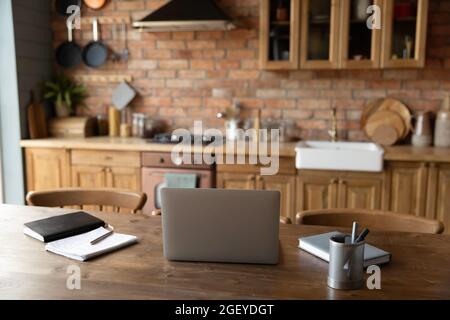 Work desk with computer in trendy apartment interior Stock Photo