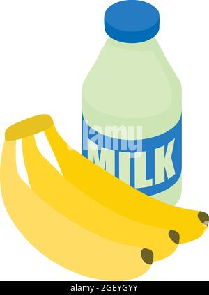 Smoothie ingredient icon isometric vector. Fresh bottle milk and banana bunch. Banana smoothie, milk shake Stock Vector