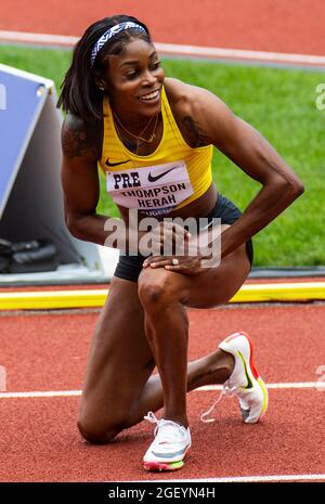 August 21, 2021 Eugene OR USA: Elaine Thompson-Herah wins the womens 100 meters and set 5 records during the Nike Prefontaine Classic at Hayward Field Eugene, OR Thurman James / CSM Stock Photo