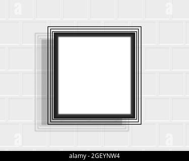 White Squared Photo frame on white Brick wall with soft light. One Decorative Picture blank Square with empty white Space and Black Borders. Stock Photo