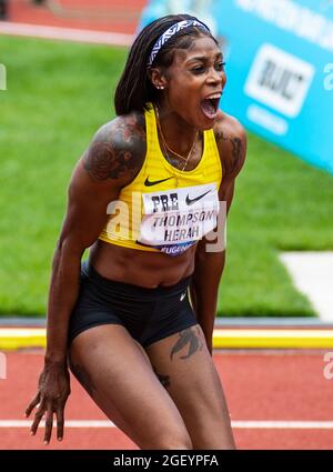 August 21, 2021 Eugene OR USA: Elaine Thompson-Herah wins the womens 100 meters and set 5 records during the Nike Prefontaine Classic at Hayward Field Eugene, OR Thurman James / CSM Stock Photo