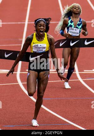 August 21, 2021 Eugene OR USA: Elaine Thompson-Herah wins the womens 100 meters and set 5 records during the Nike Prefontaine Classic at Hayward Field Eugene, OR Thurman James / CSM Stock Photo