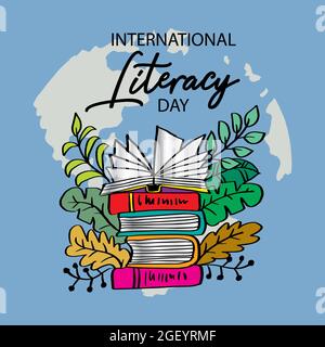 International Literacy Day poster with  stack of books. Education concept. Stock Photo