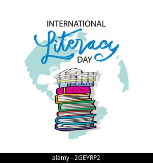 International Literacy Day poster with  stack of books. Education concept. Stock Photo