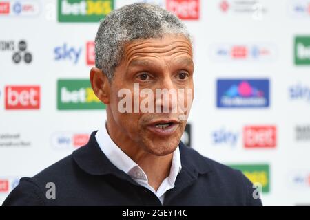 STOKE ON TRENT, UK. AUGUST 21ST  Nottingham Forest manager, Chris Hughton being interviewed during the Sky Bet Championship match between Stoke City and Nottingham Forest at the Bet365 Stadium, Stoke-on-Trent on Saturday 21st August 2021. (Credit: Jon Hobley | MI News) Stock Photo