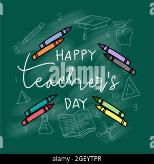 Happy teacher day hand lettering on chalkboard background. Card concept. Stock Photo