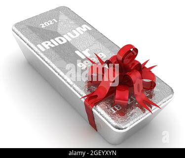 Iridium ingot of the highest standard as a gift. One ingot of 999.9 Fine Iridium tied with a red ribbon and a bow. 3D illustration Stock Photo